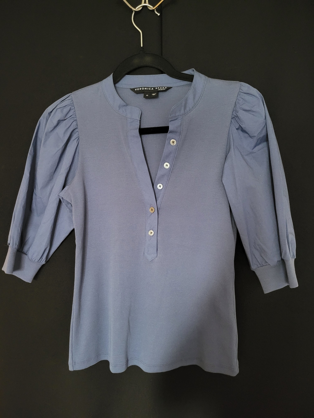 Veronica Beard Dusty Blue Puff Sleeve Henley